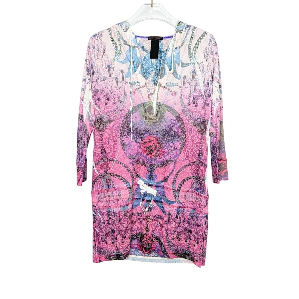 Custo Barcelona Pink Hooded T-Shirt Paisley Floral Print Drawstring Waist